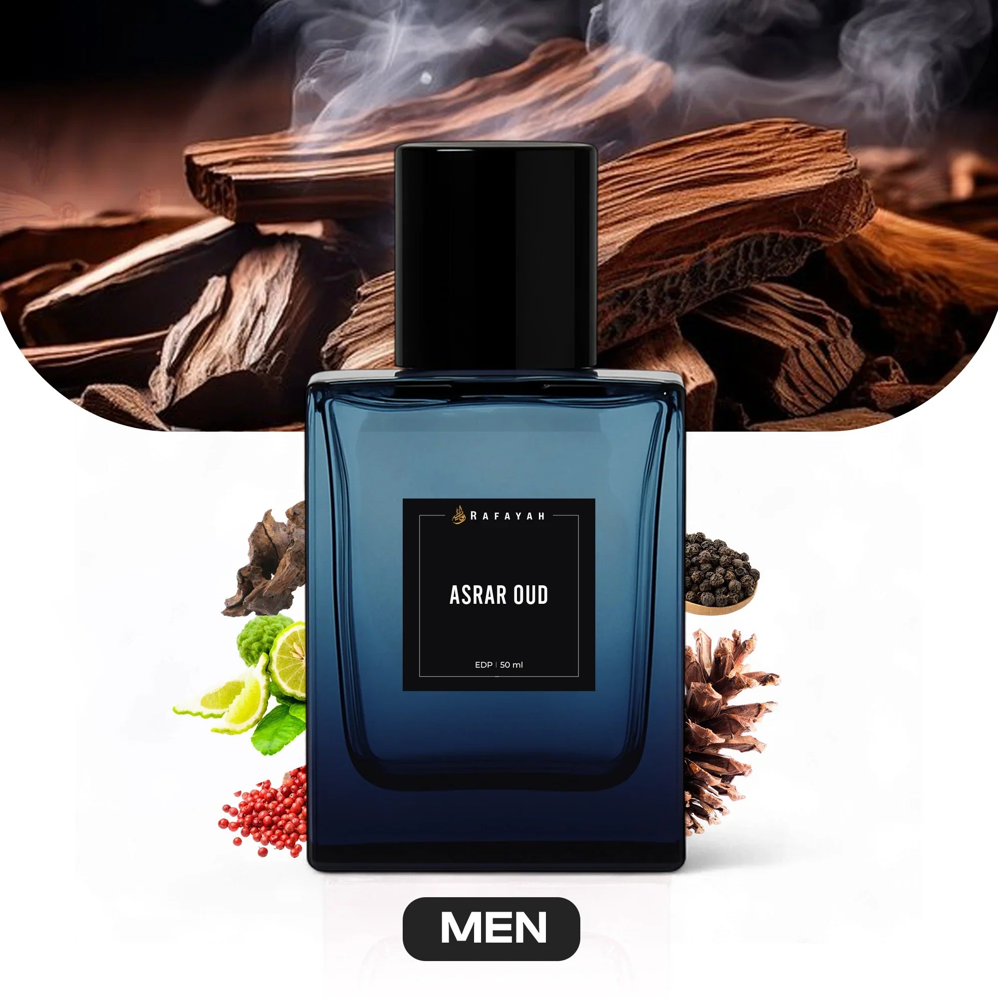 Asrar Oud men's perfume bottle with oud wood, spices, citrus and pine cones in background