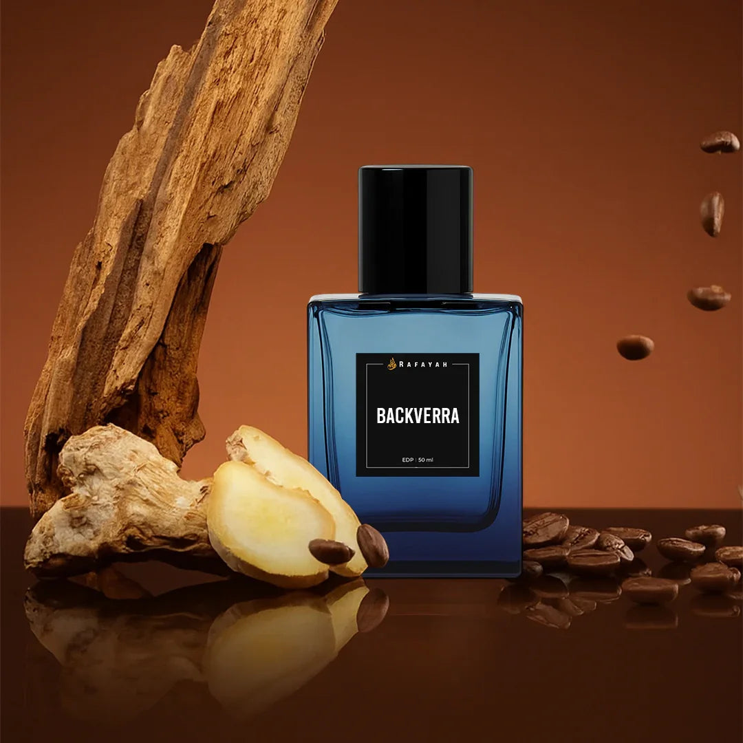 Backverra perfume bottle with ginger, coffee beans, wood on brown background