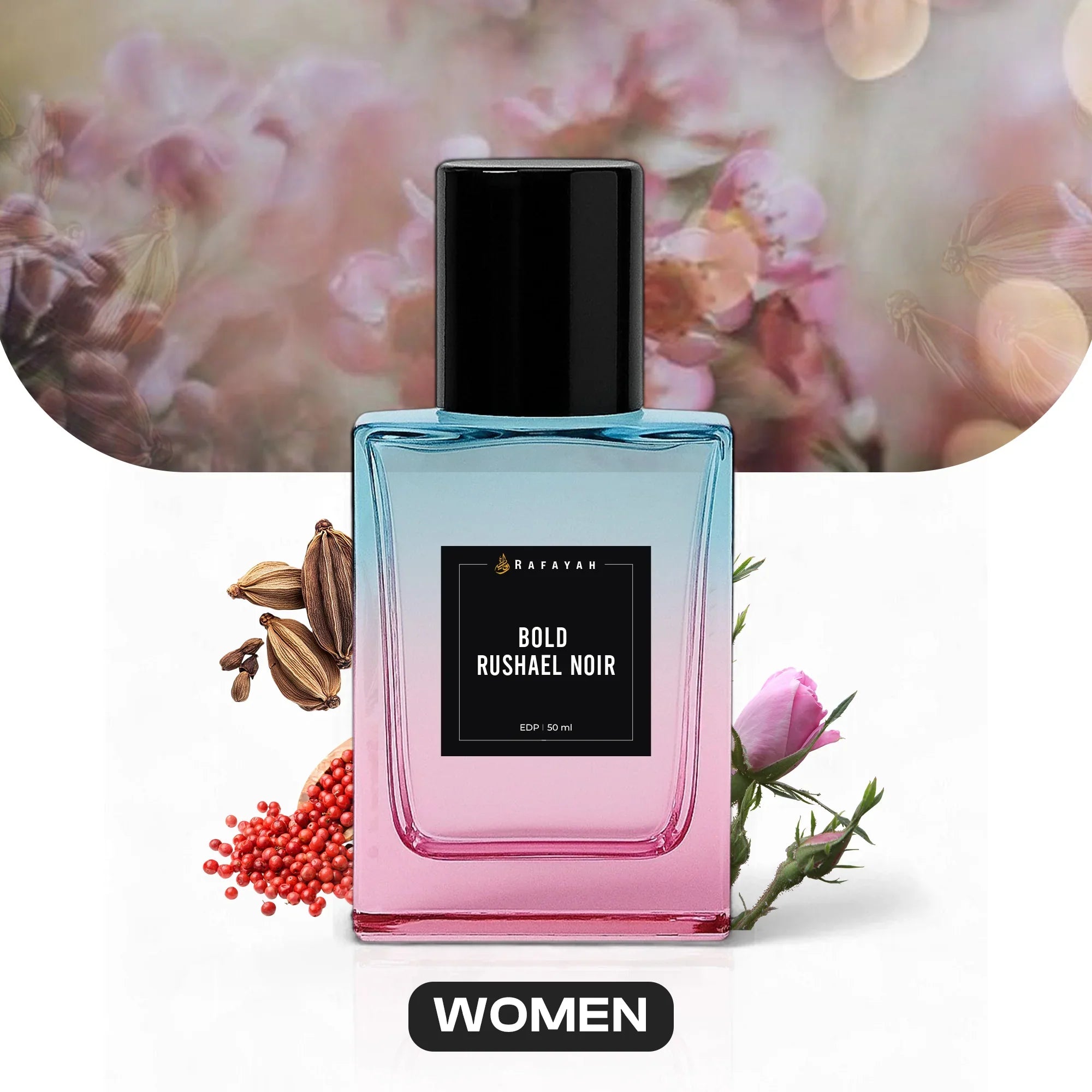 Bold Rushael Noir perfume bottle for women with floral and spice accents, pink and blue gradient design