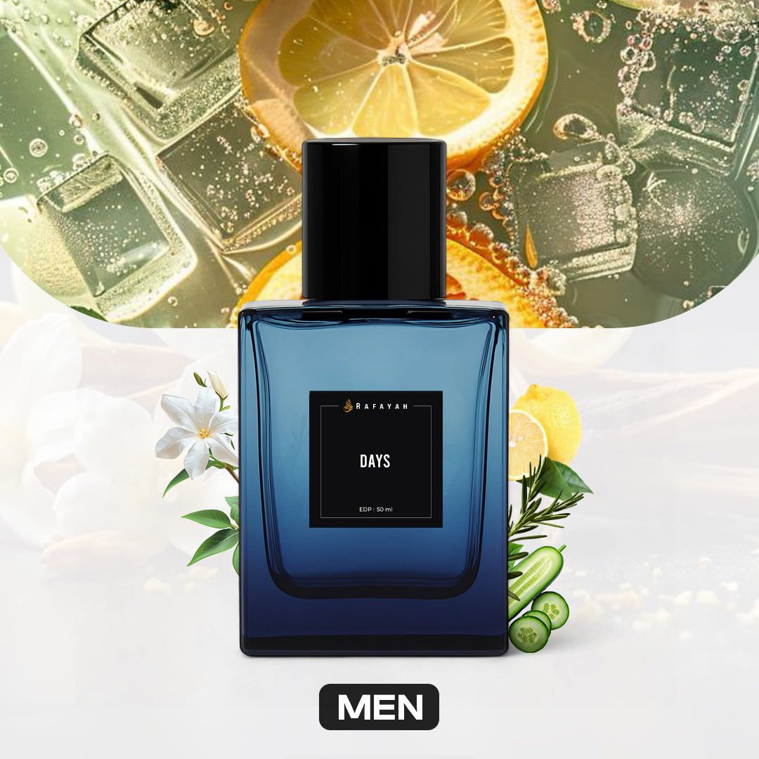 Men's perfume bottle with citrus, cucumber, floral notes and ice background