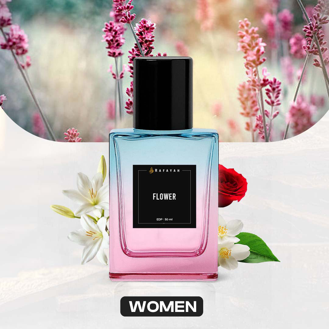 Rafayah Flower perfume for women, gradient bottle with flowers and floral background