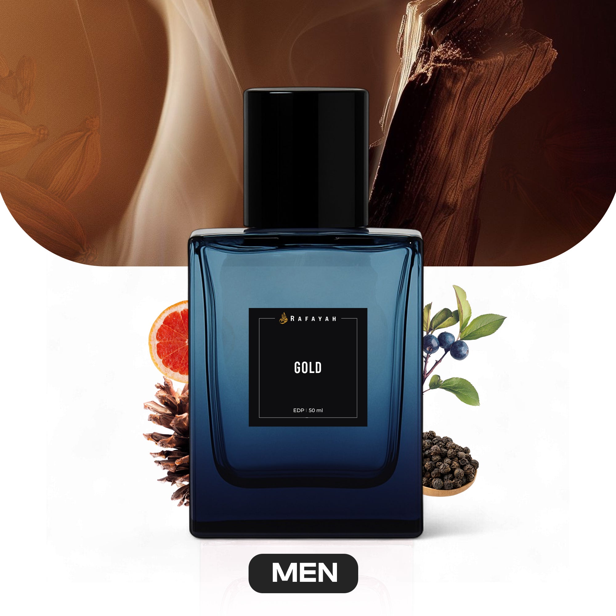 Rafayah Gold men’s perfume bottle with grapefruit, juniper, pepper, pinecone, and oud wood background.