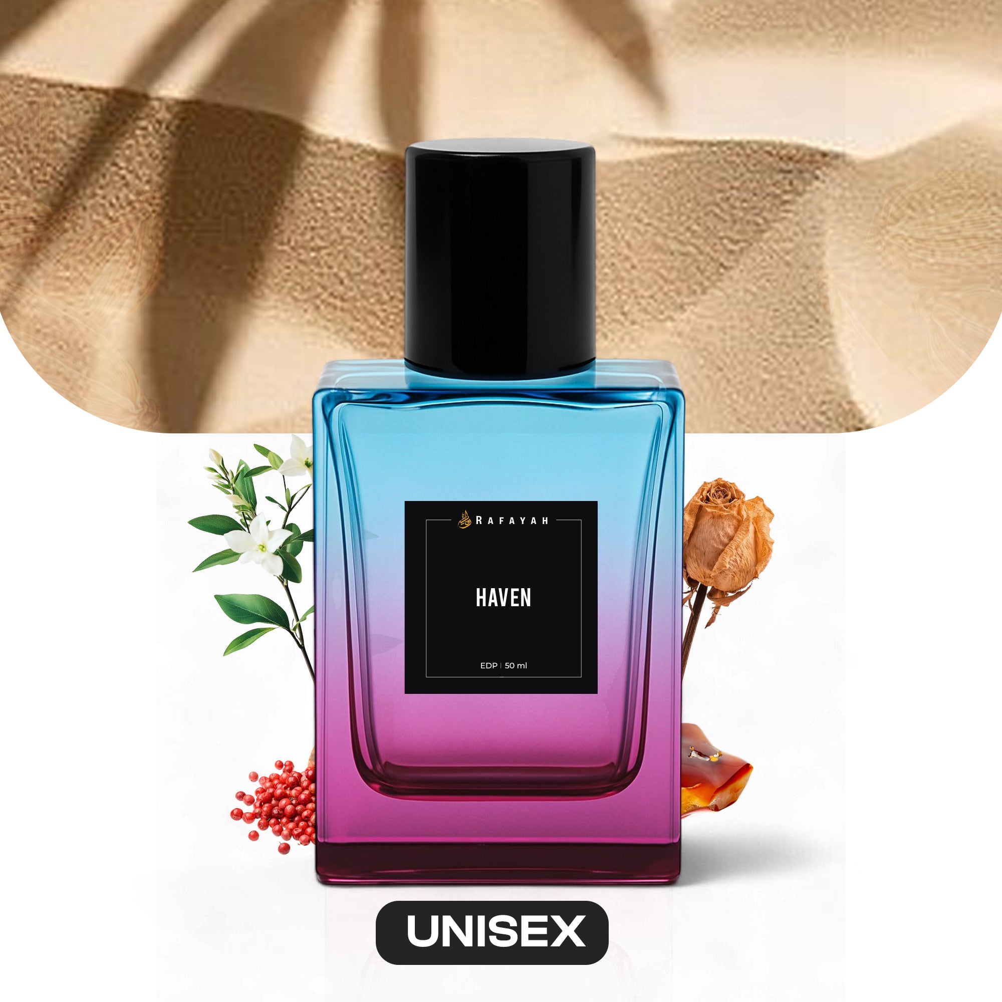 Haven unisex perfume bottle with floral and woody elements on a sandy background