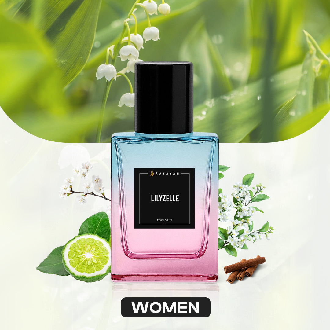 Lilyzelle perfume for women with floral, lime, and cinnamon accents against a botanical background.