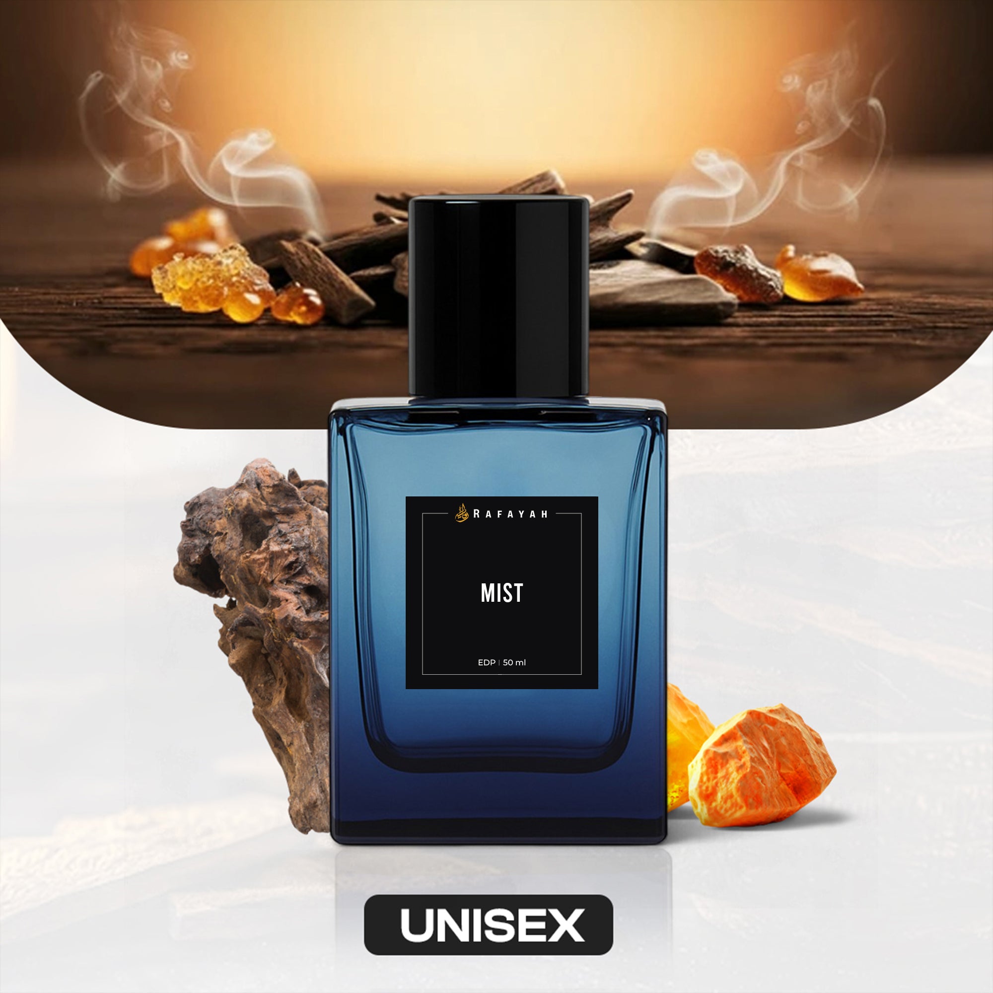 Rafayah Mist unisex perfume bottle with oud wood, amber resin, and smoke background