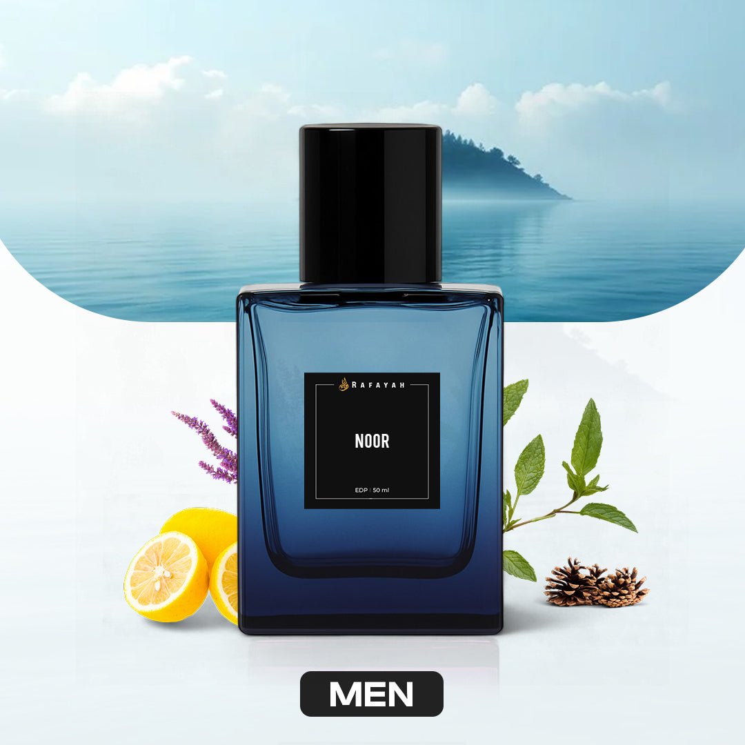 Noor men’s perfume bottle with fresh lemon, mint, pine, lavender and a serene lake background