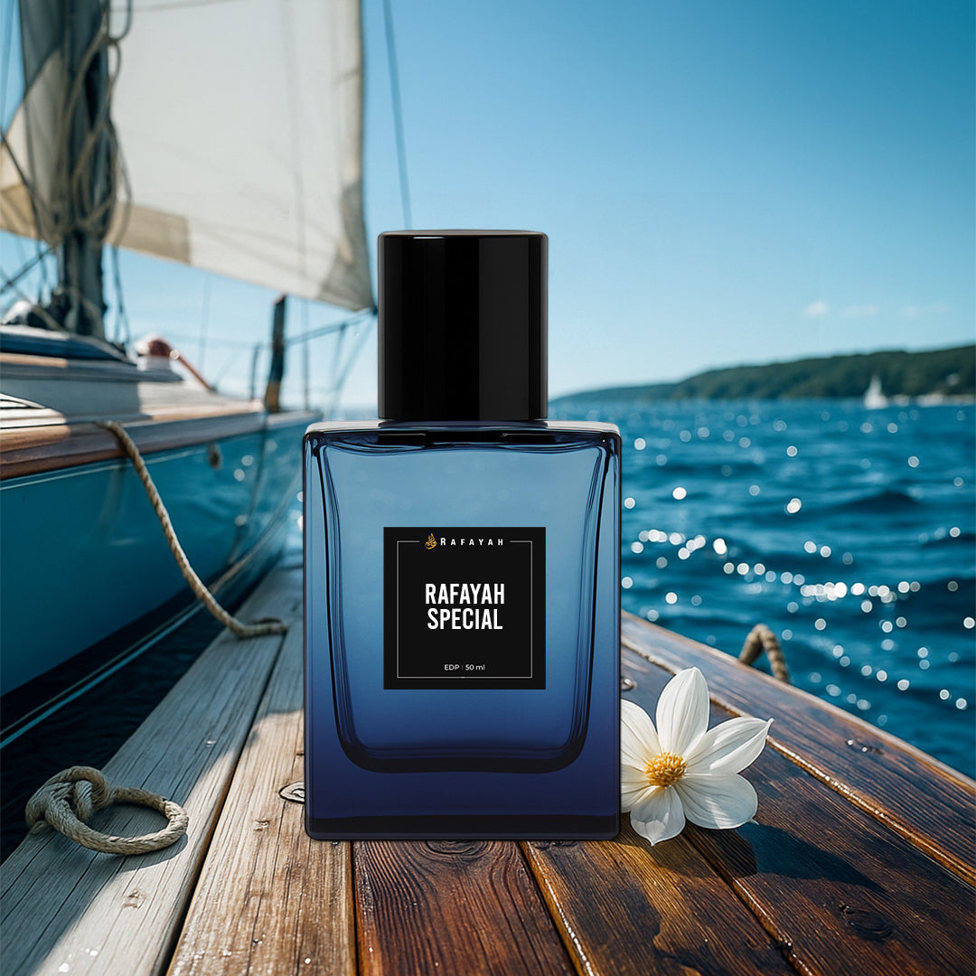 Rafayah Special perfume bottle on yacht deck by ocean with flower, luxury fragrance