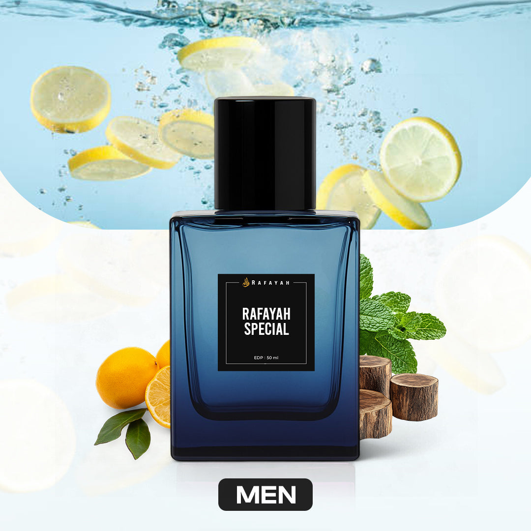 Rafayah Special perfume for men with blue bottle, lemon slices, mint, and woody notes.