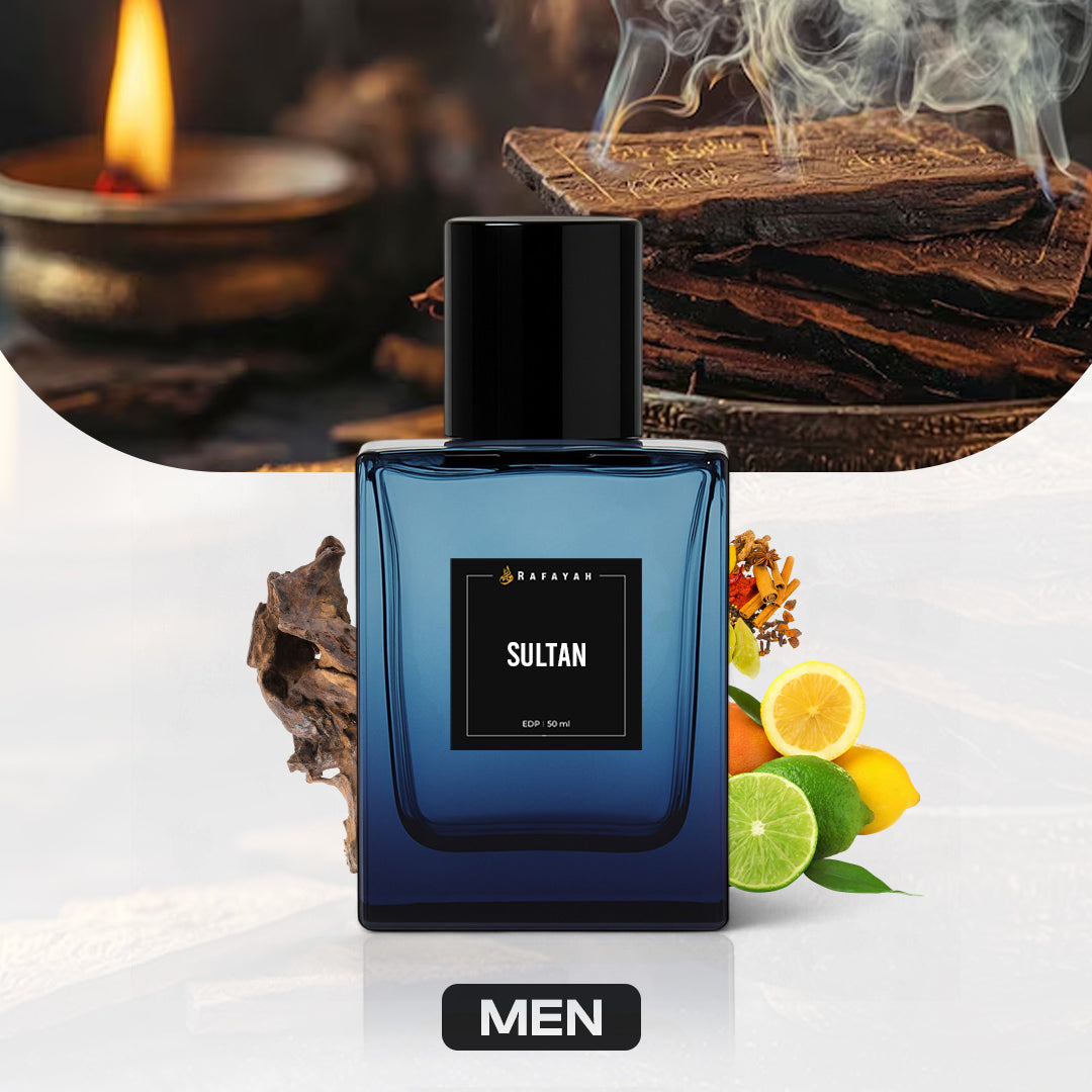 Sultan perfume for men by Rafayah with incense, oud wood, citrus fruits, and spicy notes