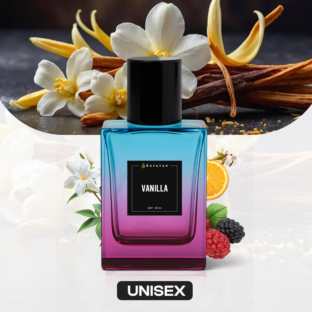 Rafayah Vanilla unisex perfume bottle with vanilla flowers, pods, berries and orange