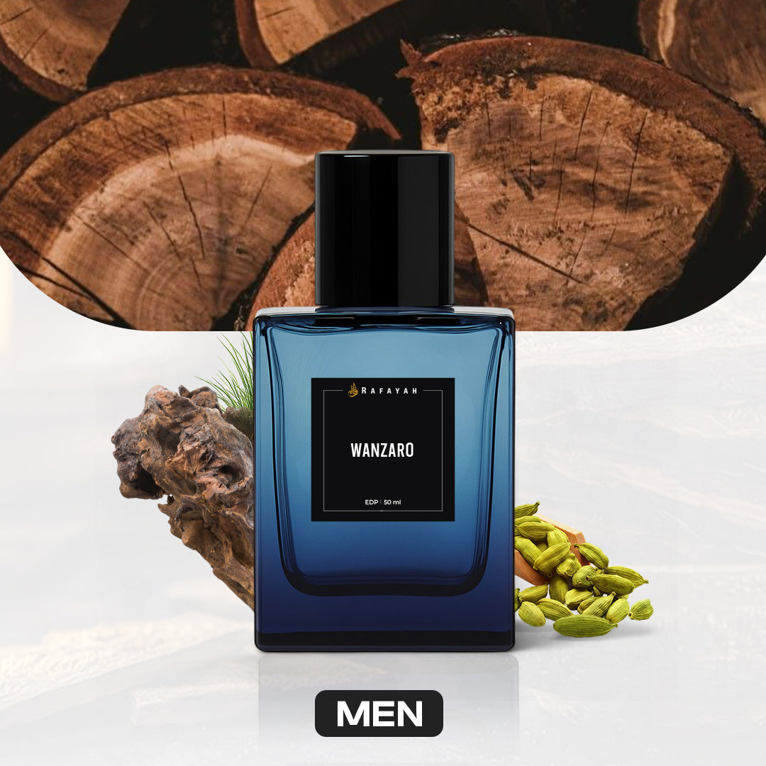 Wanzaro men’s perfume bottle with wood and cardamom, masculine fragrance display