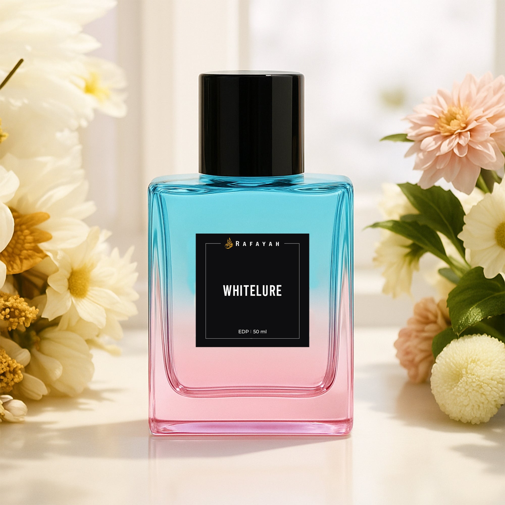 Whitelure perfume bottle by Rafayah with blue-pink gradient, surrounded by flowers