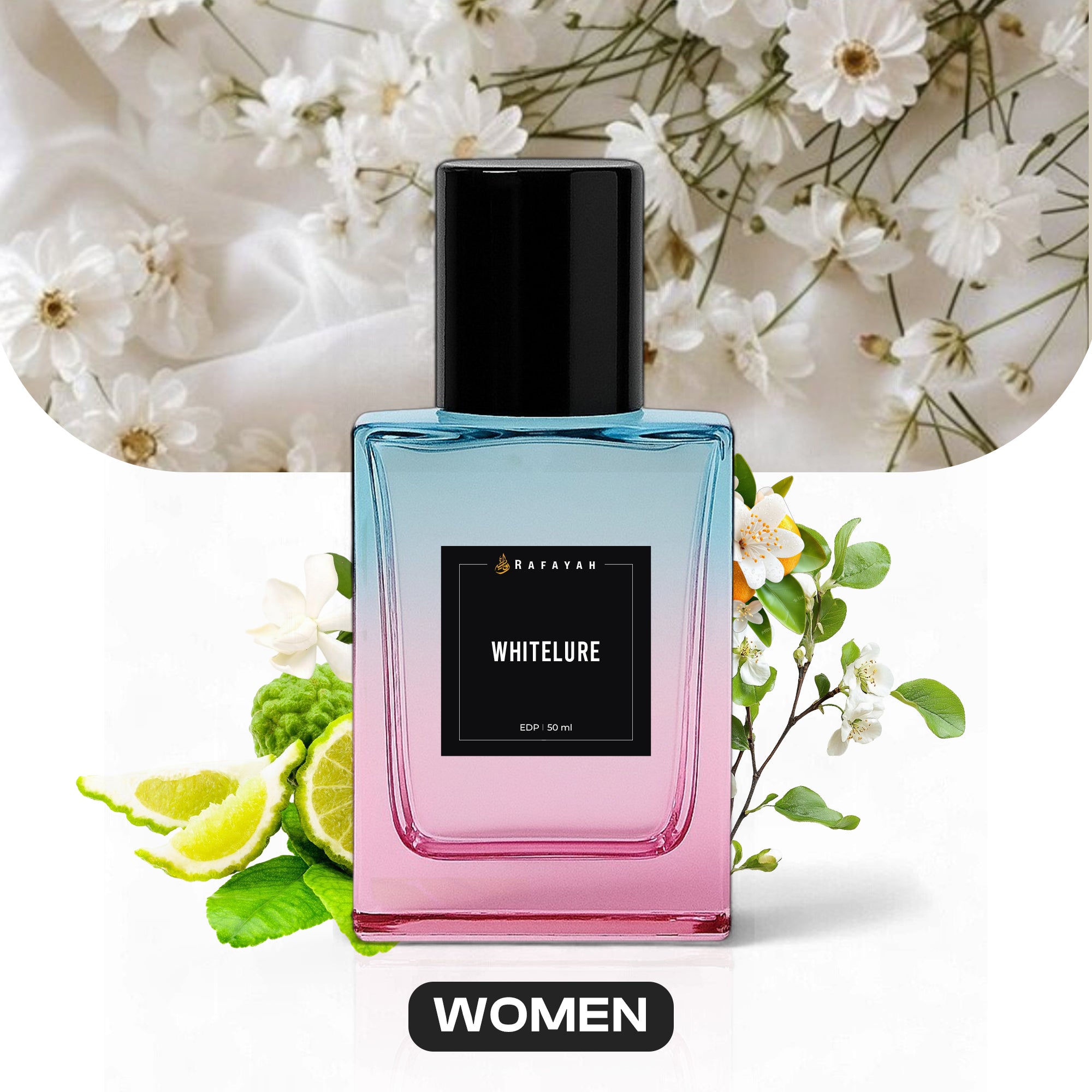 Whitelure perfume for women by Rafayah with floral and citrus elements in a stylish bottle