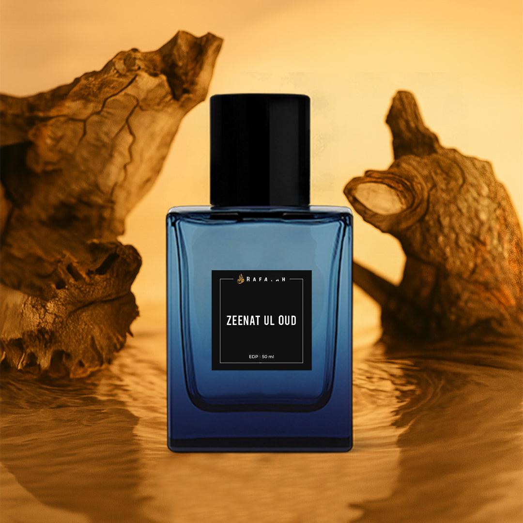Zeenat Ul Oud perfume bottle with dark cap, blue glass, wood accents, golden background