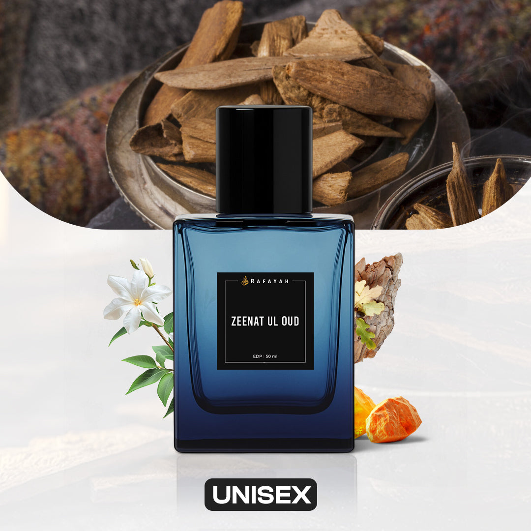 Zeenat Ul Oud unisex perfume bottle with oud wood, jasmine flower, and natural resin.
